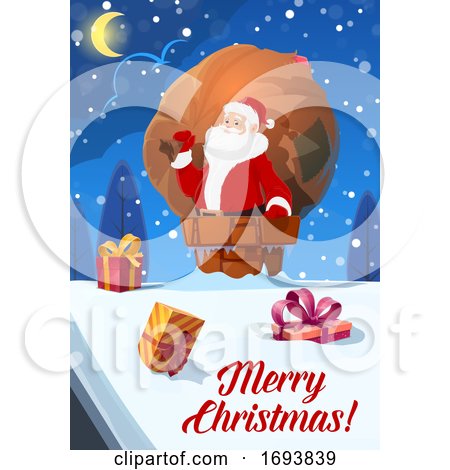 Christmas Poster, Santa with Gifts Bag on Roof by Vector Tradition SM