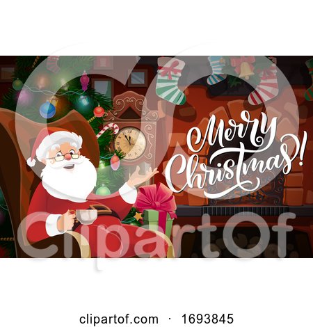 Santa with Christmas Tree, Gifts and Fireplace by Vector Tradition SM