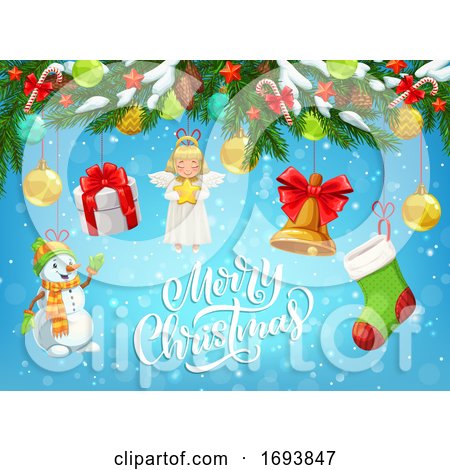 Christmas Gift, Snowman, Bell Hanging on Xmas Tree by Vector Tradition SM