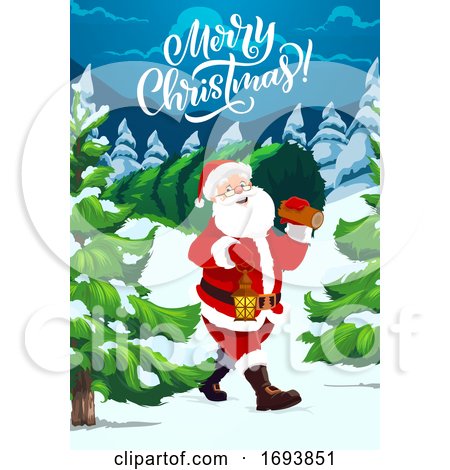 Santa Carrying Christmas Tree, Night Winter Forest by Vector Tradition SM
