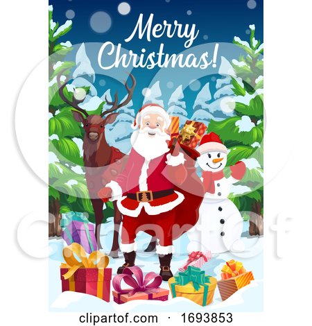 Santa, Snowman and Reindeer with Christmas Gifts by Vector Tradition SM