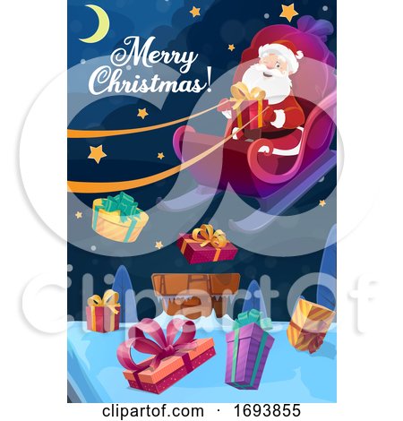 Christmas Poster, Santa Flying on Sleigh with Gift by Vector Tradition SM