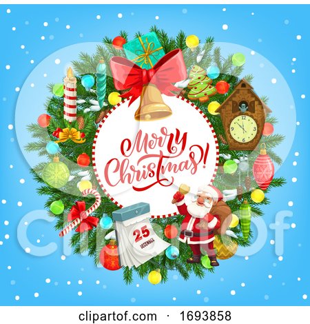 Christmas Wreath with Santa, Xmas Gifts and Bell by Vector Tradition SM
