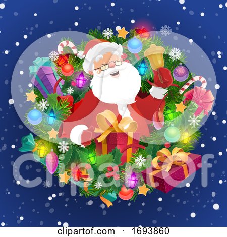 Santa with Xmas Bell, Gift Box, Christmas Wreath by Vector Tradition SM