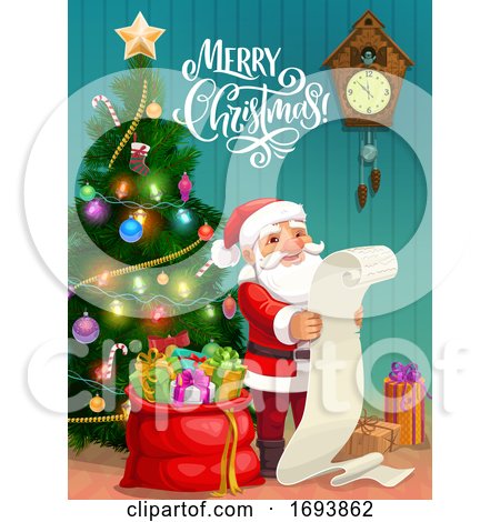 Christmas Poster, Santa Reading Gifts Wish List by Vector Tradition SM