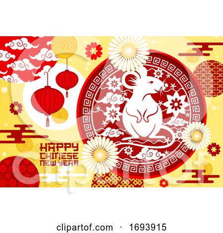 Chinese Zodiac Rat with Lunar New Year Lanterns by Vector Tradition SM