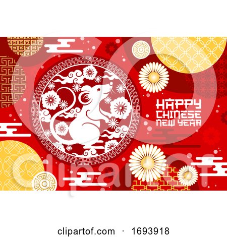 Chinese New Year Zodiac Rat and Papercut Flowers by Vector Tradition SM