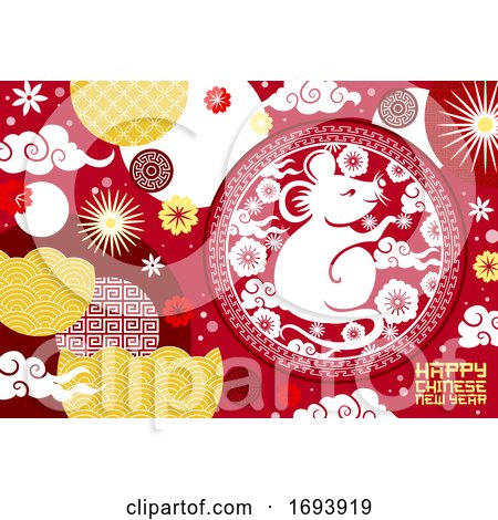 Chinese New Year Zodiac Rat with Papercut Flowers by Vector Tradition SM