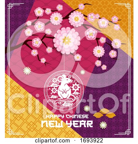 Chinese New Year Rat and Branch with Pink Flowers by Vector Tradition SM