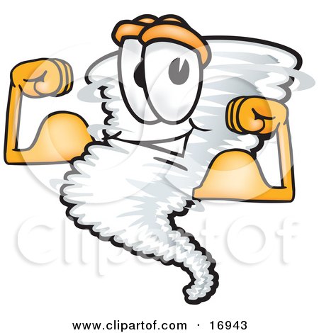 Clipart Picture of a Tornado Mascot Cartoon Character Flexing His Arm Muscles by Mascot Junction