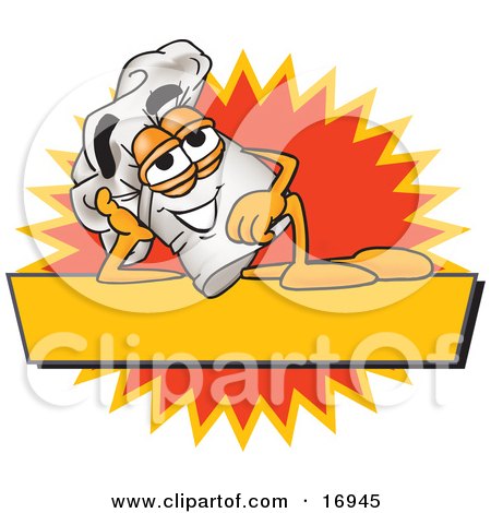 Clipart Picture of a Chefs Hat Mascot Cartoon Character Resting Over a Blank Yellow Label by Mascot Junction