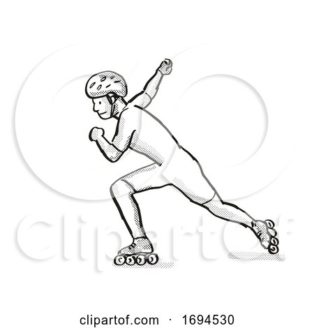 Retro cartoon style drawing of an athlete skater inline speed skating on  isolated background done in black and white Stock Photo - Alamy