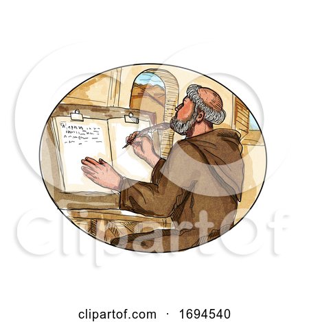 Medieval Monk in Monastery Writing Book Drawing by patrimonio