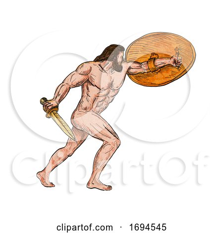 Roman Hero and God Hercules with Shield Retro Drawing by patrimonio