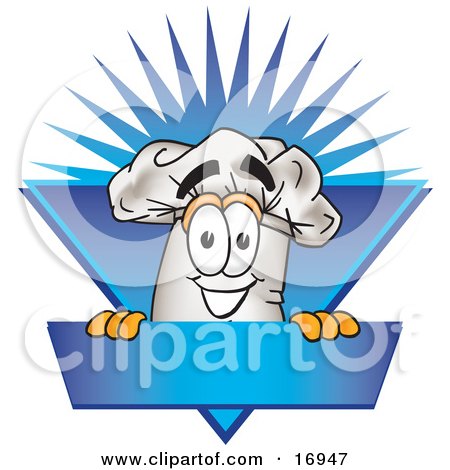 Clipart Picture of a Chefs Hat Mascot Cartoon Character Over a Blank Blue Label by Mascot Junction