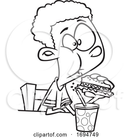 Cartoon Black and White Boy Eating a Burger by toonaday #1694749