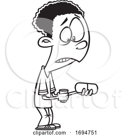 Cartoon Black and White Boy Looking at a Giant Pill by toonaday