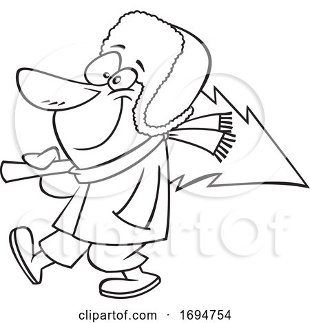 Cartoon Black and White Man Carrying a Fresh Cut Christmas Tree by toonaday