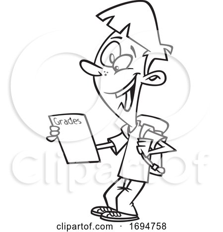 Cartoon Black and White School Boy with Good Grades by toonaday