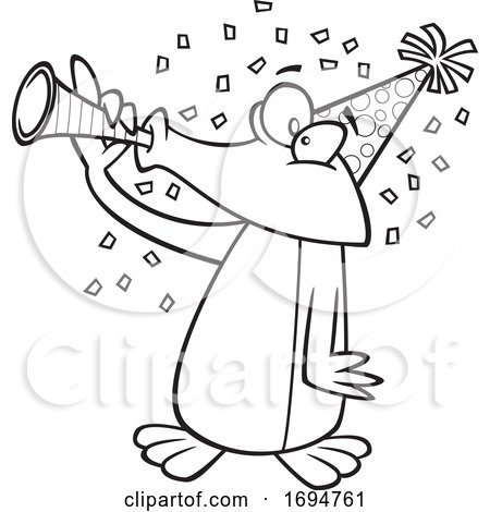 Cartoon Black and White Party Penguin Blowing a Horn by toonaday