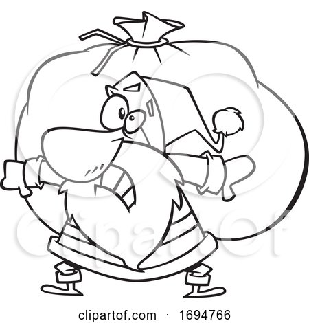 Cartoon Black and White Christmas Santa Carrying a Heavy Sack by toonaday