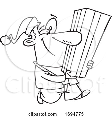 Cartoon Black and White Festive Man Carrying a Tall Christmas Gift by toonaday