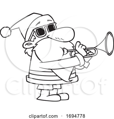 Cartoon Black and White Christmas Santa Playing a Trumpet by toonaday