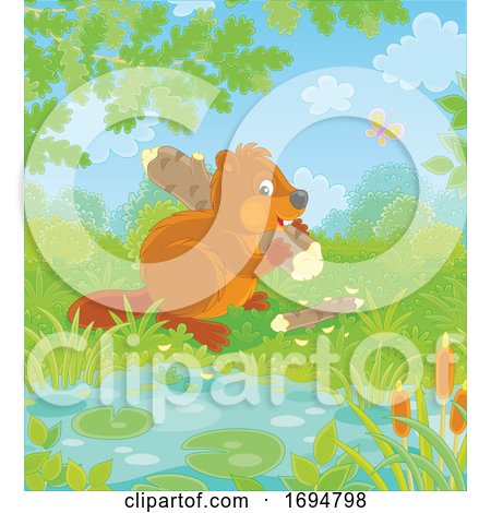 Clipart of a Beaver Carrying a Log - Royalty Free Vector Illustration by Alex Bannykh