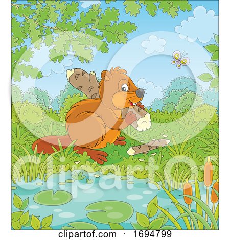 Clipart of a Beaver Carrying a Log - Royalty Free Vector Illustration by Alex Bannykh