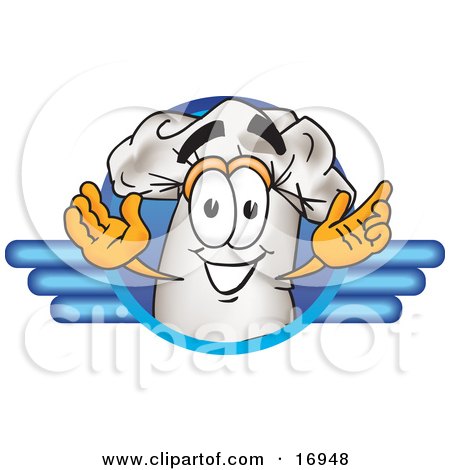 Clipart Picture of a Chefs Hat Mascot Cartoon Character on a Blue Logo by Mascot Junction