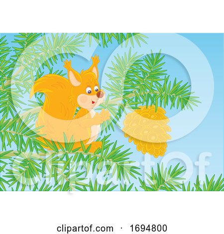 Clipart of a Squirrel Reaching for a Pine Cone - Royalty Free Vector Illustration by Alex Bannykh