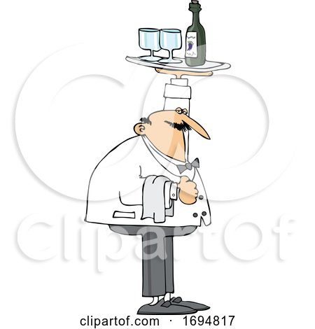 Clipart of a Chubby Male Waiter Holding up a Wine Tray - Royalty Free Vector Illustration by djart