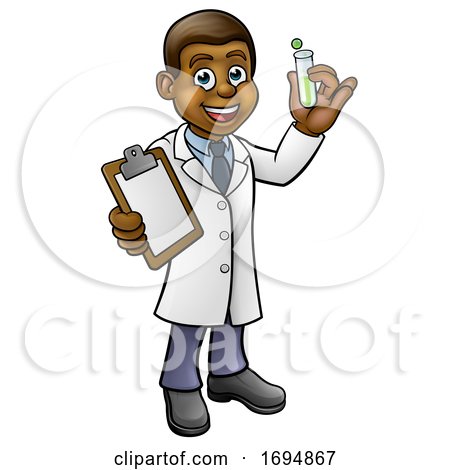 Cartoon Scientist Holding Test Tube and Clipboard by AtStockIllustration