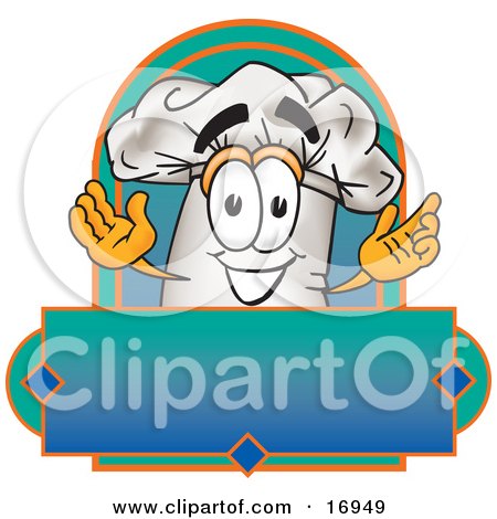 Clipart Picture of a Chefs Hat Mascot Cartoon Character Over a Blank Label by Mascot Junction
