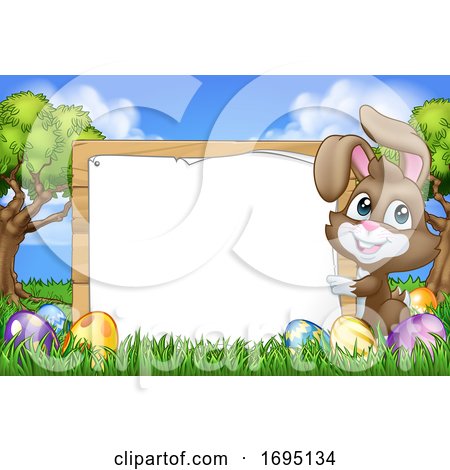 Easter Bunny Rabbit Eggs Sign Background Cartoon by AtStockIllustration