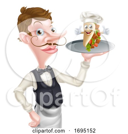 Cartoon Waiter Butler Holding Kebab Mascot by AtStockIllustration