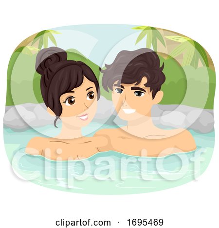 Teen Couple Onsen Bath Outdoor Illustration by BNP Design Studio
