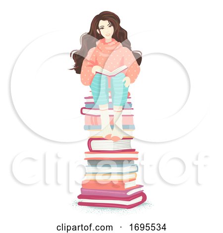Girl Book Pile Sit Illustration by BNP Design Studio