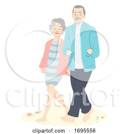 Senior Couple Barefoot Beach Walking Illustration by BNP Design Studio