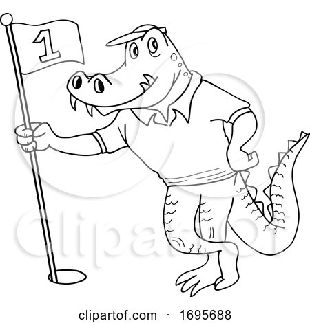 Cartoon Black and White Alligator Holding a Golf Flag by LaffToon