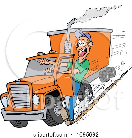 Cartoon Trucker Using His Foot to Stop a Tractor Trailer by LaffToon