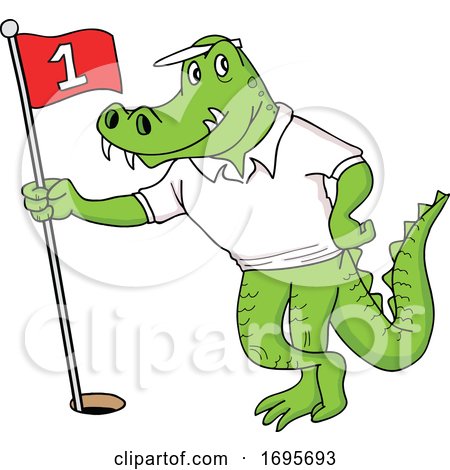 Cartoon Alligator Holding a Golf Flag by LaffToon