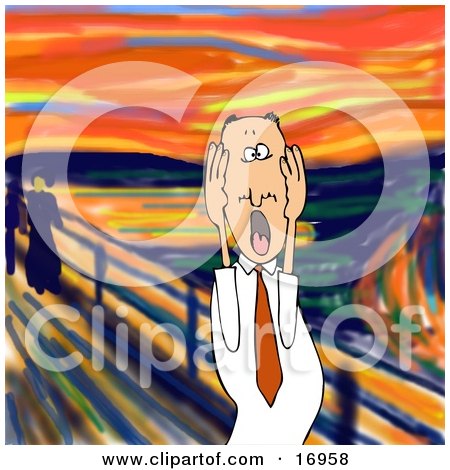 People Clipart Illustration Image of a Stressed Out Caucasian Business Man Holding His Hands to His Cheeks While Screaming, a Humorous Parody of The Scream by Edvard Munch by djart