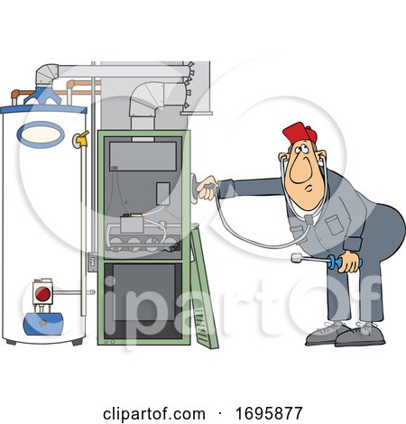 Cartoon HVAC Worker Holding a Stethoscope up to a Furnace by djart