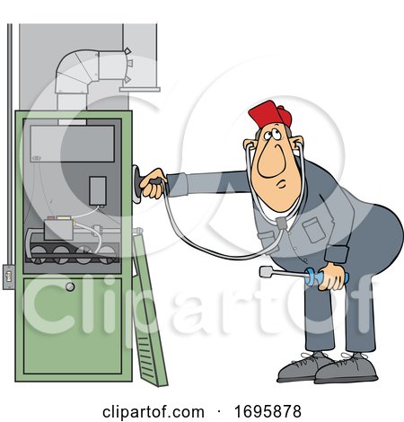 Cartoon HVAC Worker Holding a Stethoscope up to a Furnace by djart