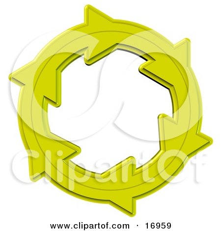 Environmental Clipart Illustration Image of a Yellow Circle of Arrows Moving in a Clockwise Motion, Symbolizing Recycling Materials or Energy by djart