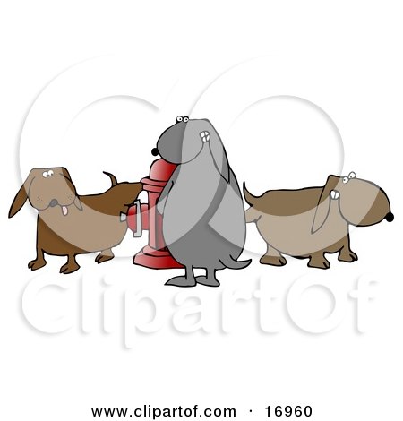 Animal Clipart Illustration Image of a Group of Bad and Mischievous Brown and Gray Dogs Pissing on a Red Fire Hydrant by djart