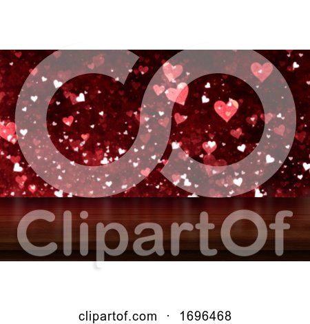 3D Valentine's Day Background with Wooden Table Looking out to a Bokeh Hearts Light Design by KJ Pargeter