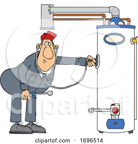 Cartoon Male Plumber Diagnosing a Water Heater by djart