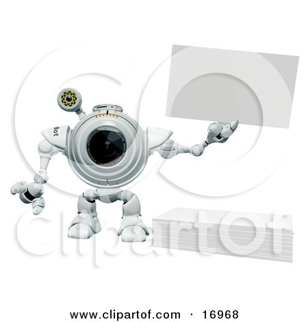 Technology Clipart Illustration Image of a Robotic Webcam Holding up a Blank Index Card by Leo Blanchette